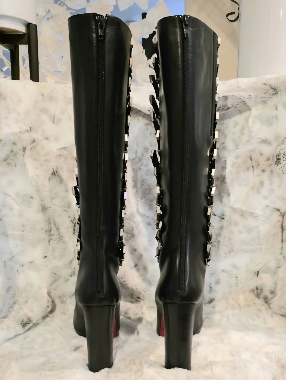 Christian Louboutin Black Leather High Heeled Boots with Silver Buckles EU 39 - Picture 5 of 13